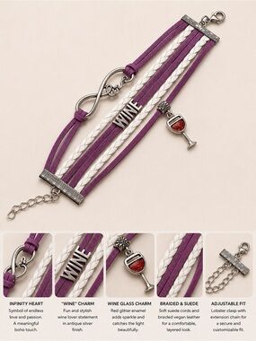 Purple and White Braided Charm Bracelet with Wine Glass Accent